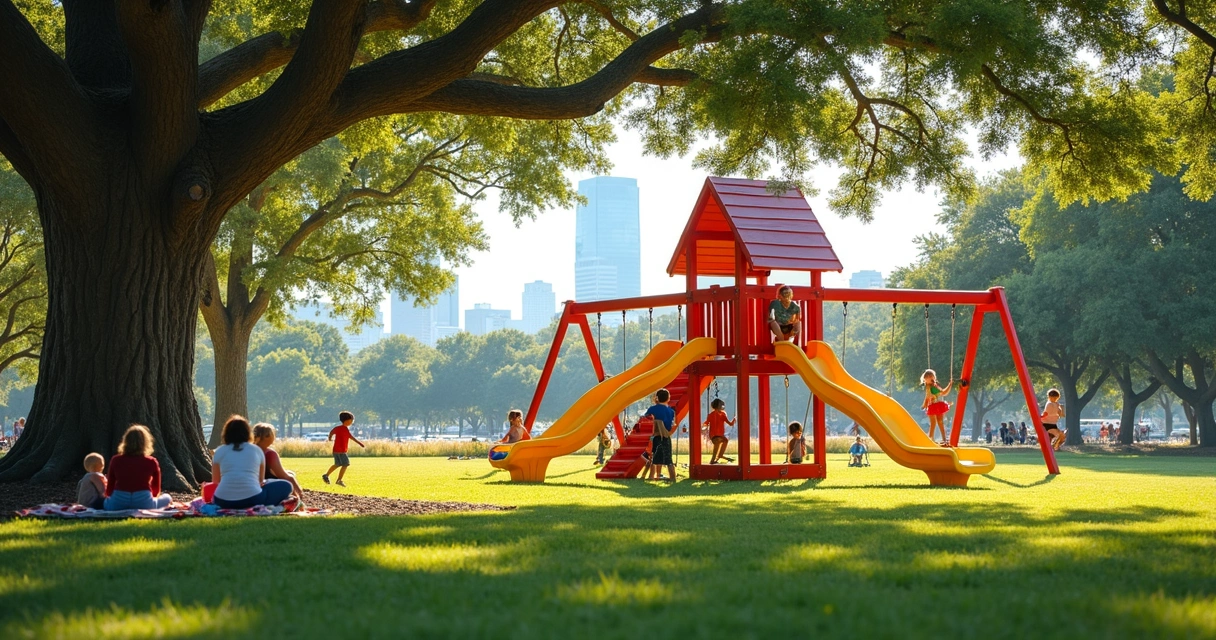 Children playing at a sunny park playground with trees nearby