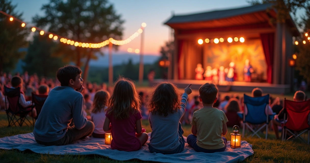 Families seated on grass watching outdoor theater at dusk
