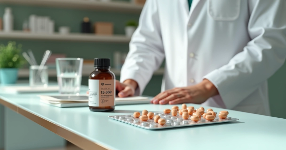 Profissional de saúde estética analisando cápsulas de zinco e solução tópica para acne em bancada clínica 