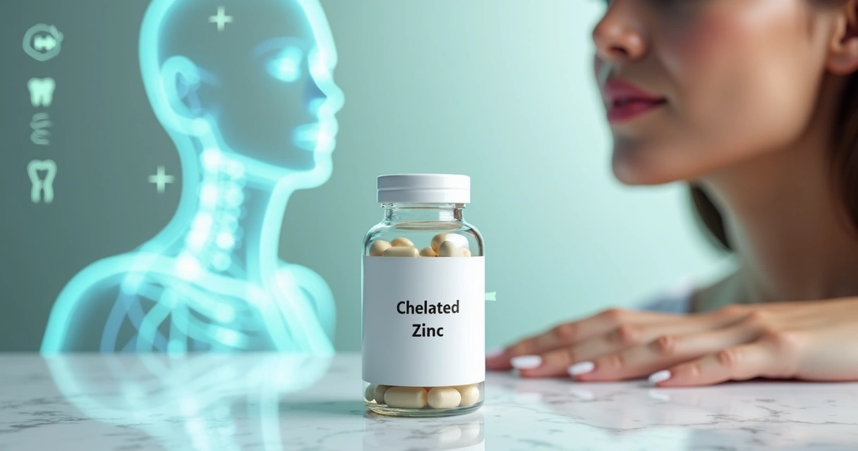 Suplemento de zinco quelado em cápsulas ao lado de pele saudável e ícones de imunidade 