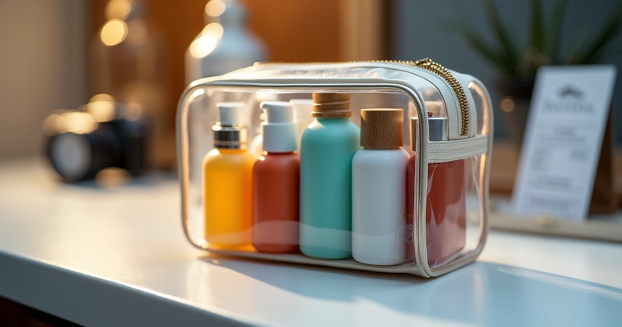 Conjunto de frascos pequenos de viagem dentro de um saco zip lock transparente sobre uma bancada. 