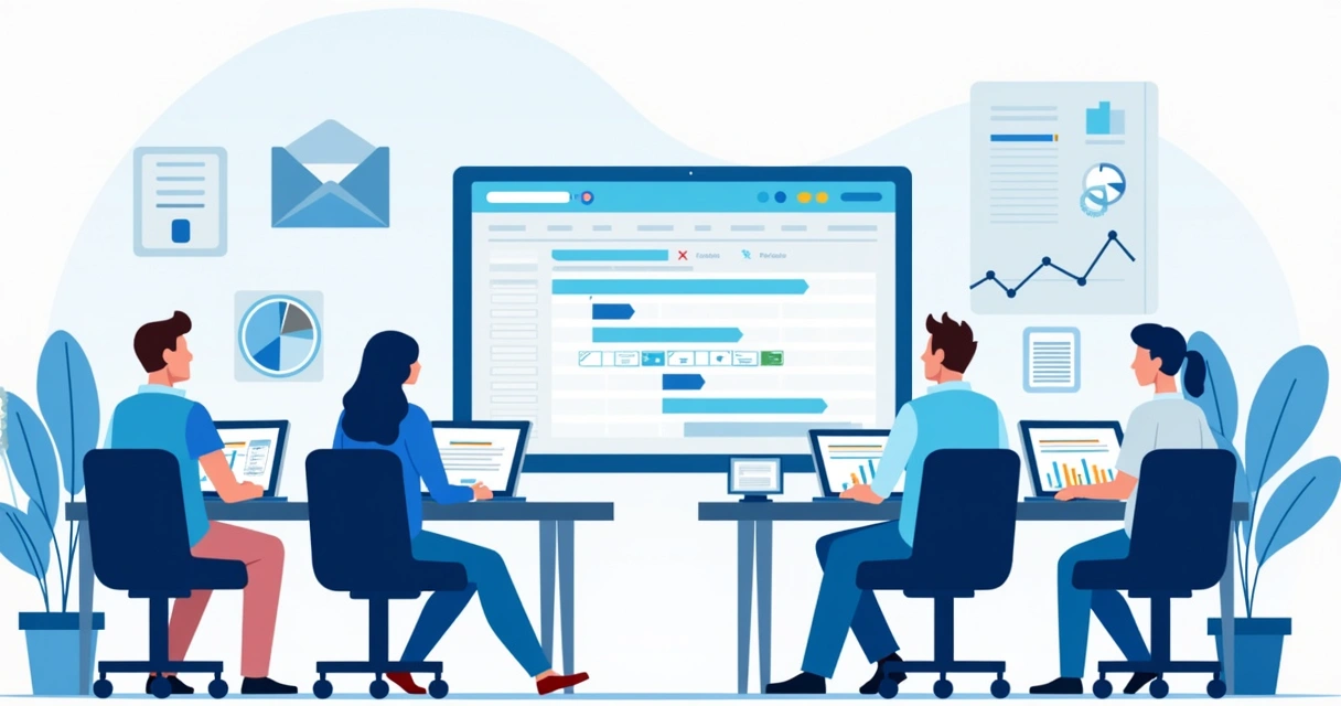 Ambiente empresarial com pessoas usando o Zoho Projects em monitores 