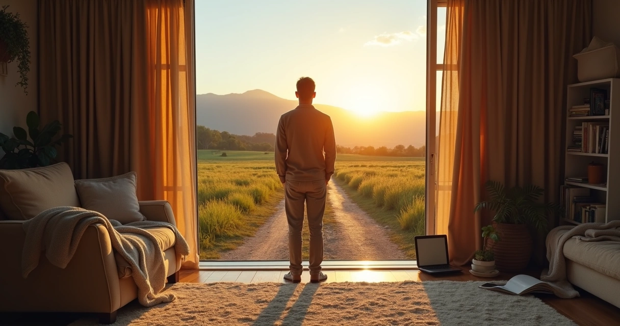 Pessoa parada em zona de conforto diante de caminho iluminado de evolução 