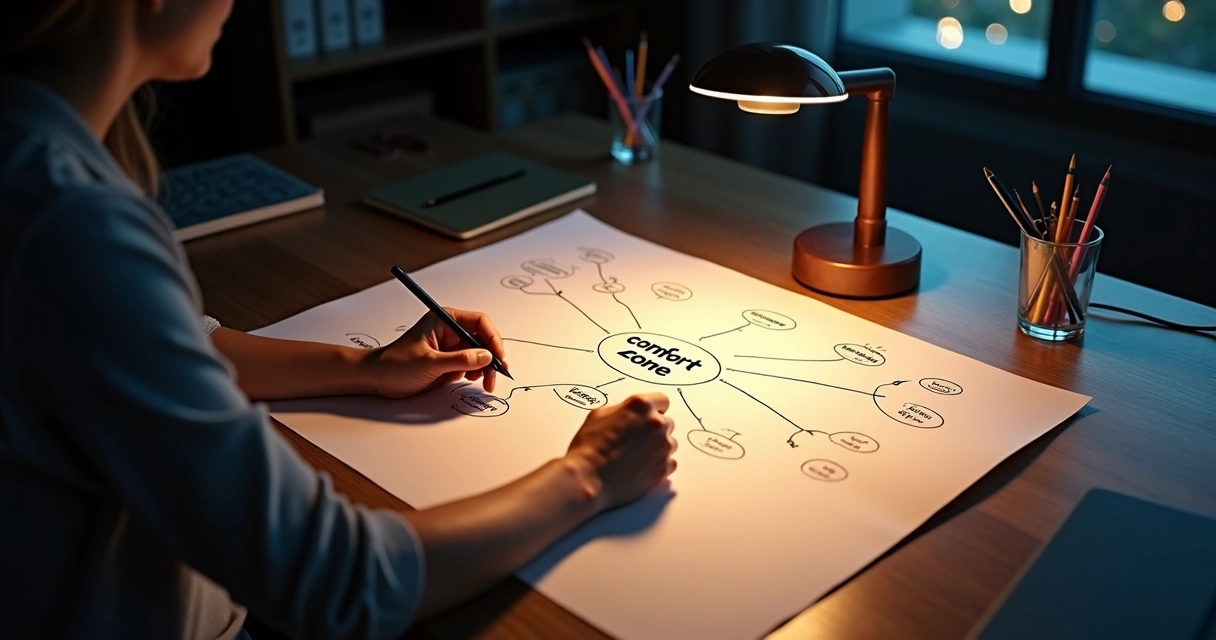 Pessoa desenhando mapa mental iluminado que revela zonas ocultas ao redor 