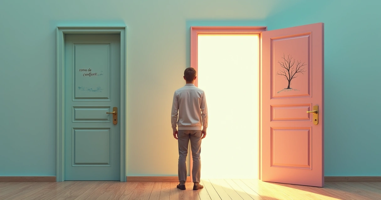 Pessoa diante de duas portas, uma marcando a zona de conforto, outra simbolizando novas possibilidades