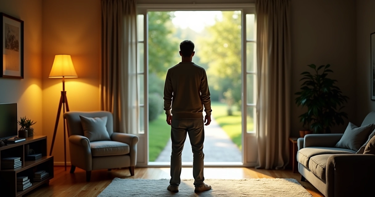 Pessoa diante de porta iluminada deixando para trás espaço escuro confortável 