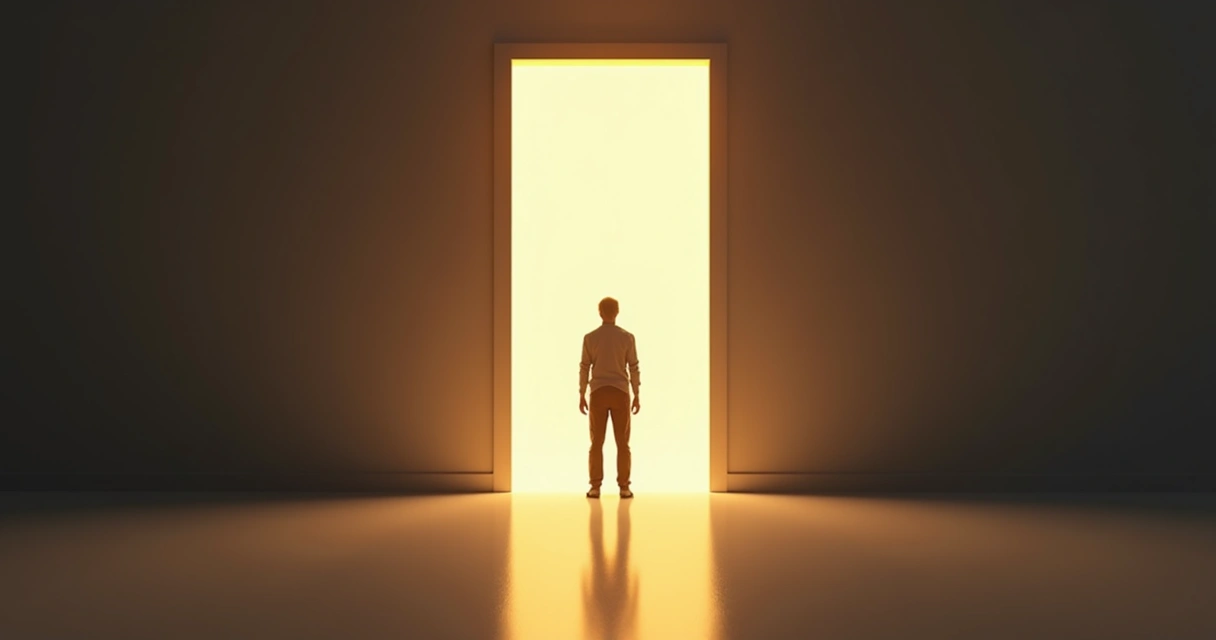 Pessoa em pé diante de uma porta aberta, hesitando em cruzar para a luz do outro lado. 