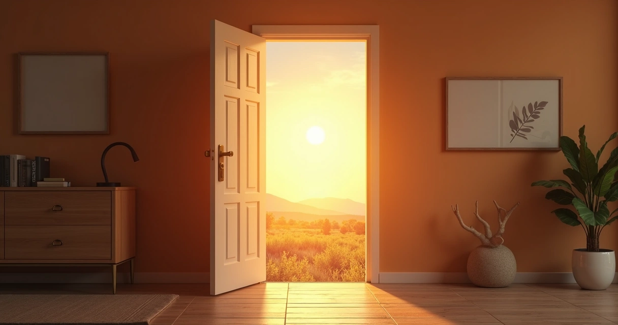 Puerta abierta desde una habitación a un paisaje exterior, simbolizando la transición de zona segura a nuevos retos 
