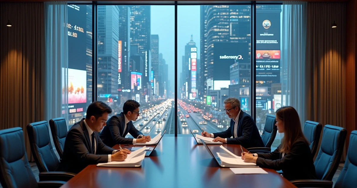 Executivos de negócios em uma sala de reuniões clássica, olhando para papéis enquanto a janela mostra um mundo externo moderno e dinâmico 