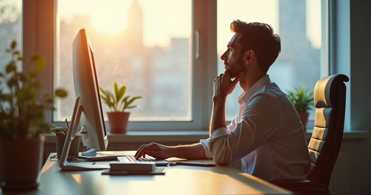 Pessoa em mesa de escritório olhando pela janela 
