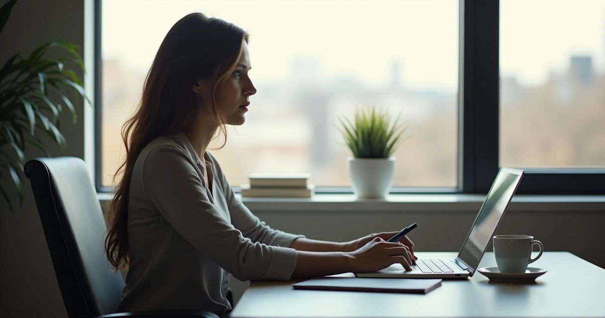 Pessoa sentada à mesa, olhando para fora da janela enquanto trabalha em ambiente calmo.