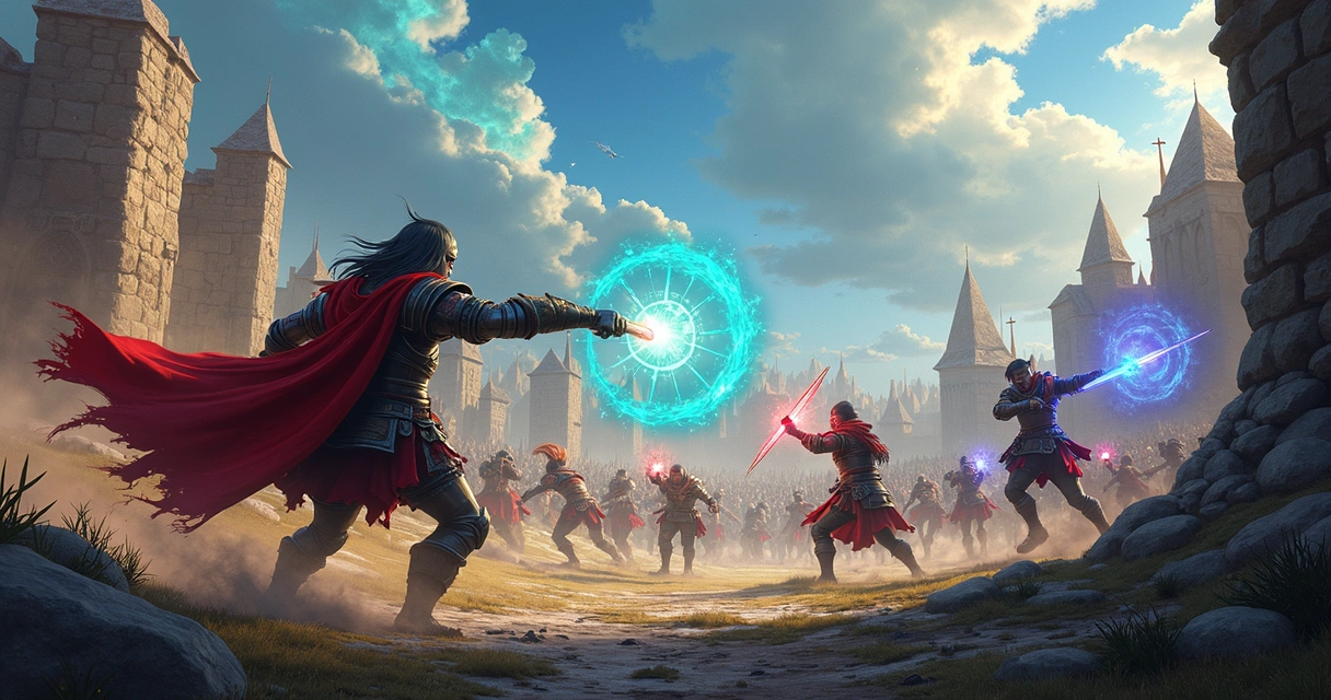 Personagens de Tibia em combate tático em zona de guerra detalhada com magias e ataques coordenados 