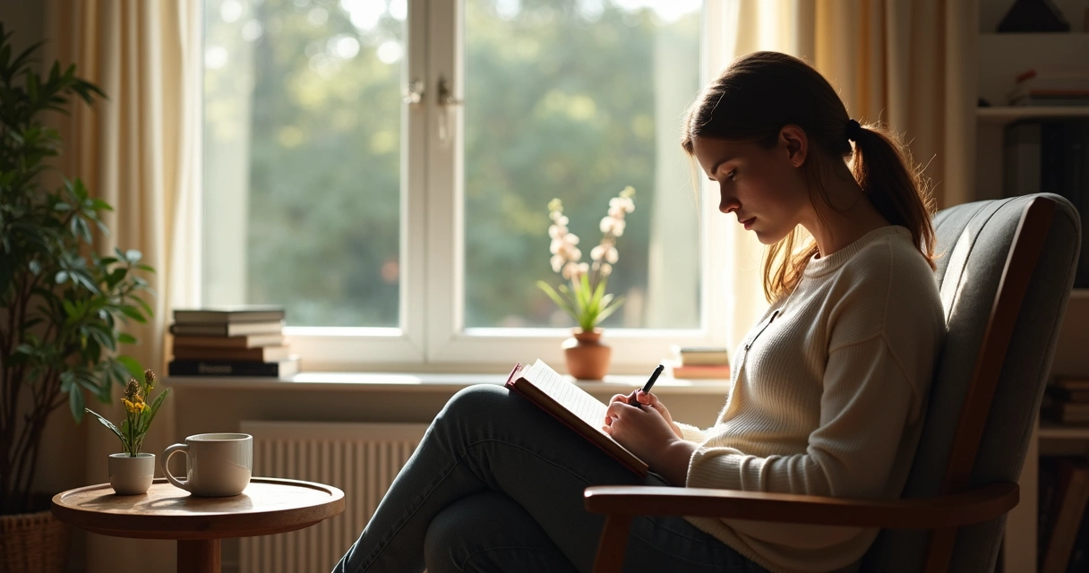 Pessoa em introspecção em ambiente calmo com luz suave e caderno. 