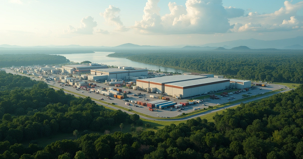 Vista aérea da Zona Franca de Manaus com indústrias e floresta amazônica ao fundo 