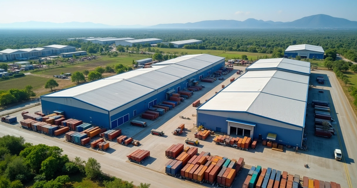 Vista aérea de zona franca empresarial no Paraguai, com galpões industriais, contêineres coloridos e caminhões em movimento 