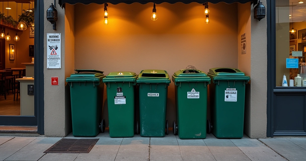Área exterior de restaurante com contentores de lixo higienizados, armadilha para roedores e sinalização visível