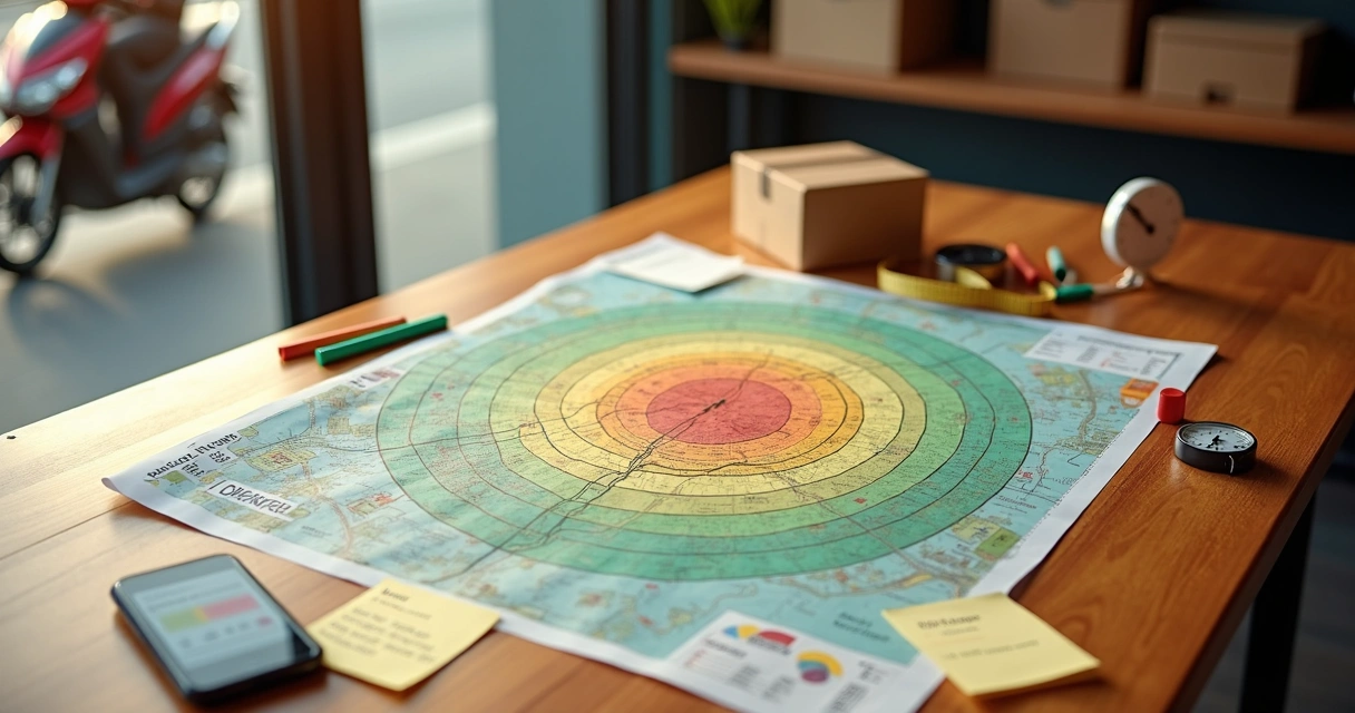 Mesa com planta da cidade marcada com diferentes raios de entrega coloridos 
