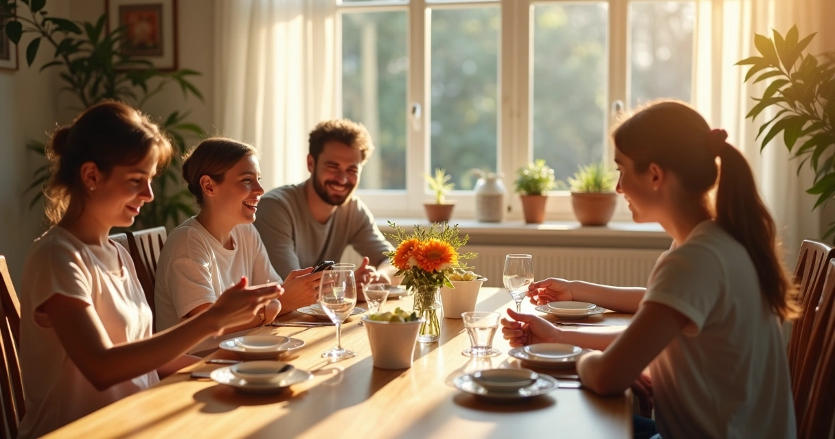Mesa de jantar organizada e sem nenhum aparelho eletrônico sobre ela 