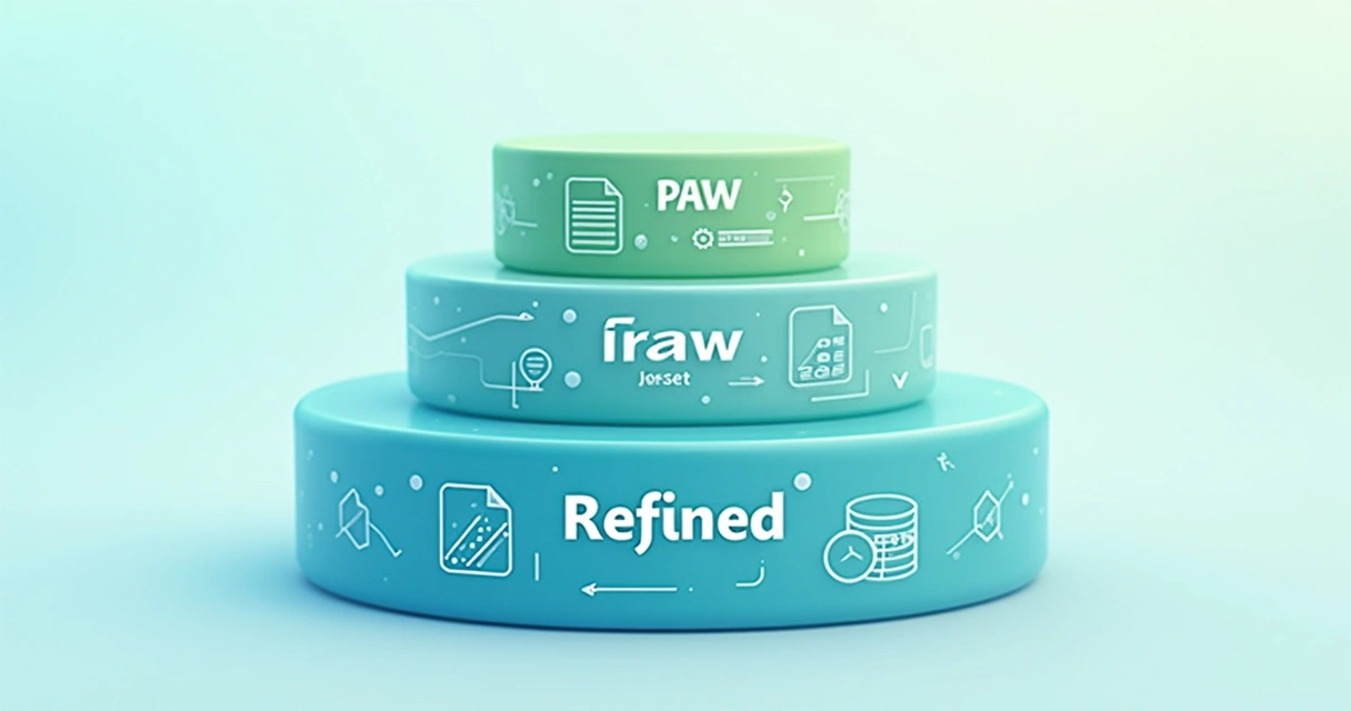 Chart mostra zonas de dados raw, trusted e refined com exemplos de arquivos. 