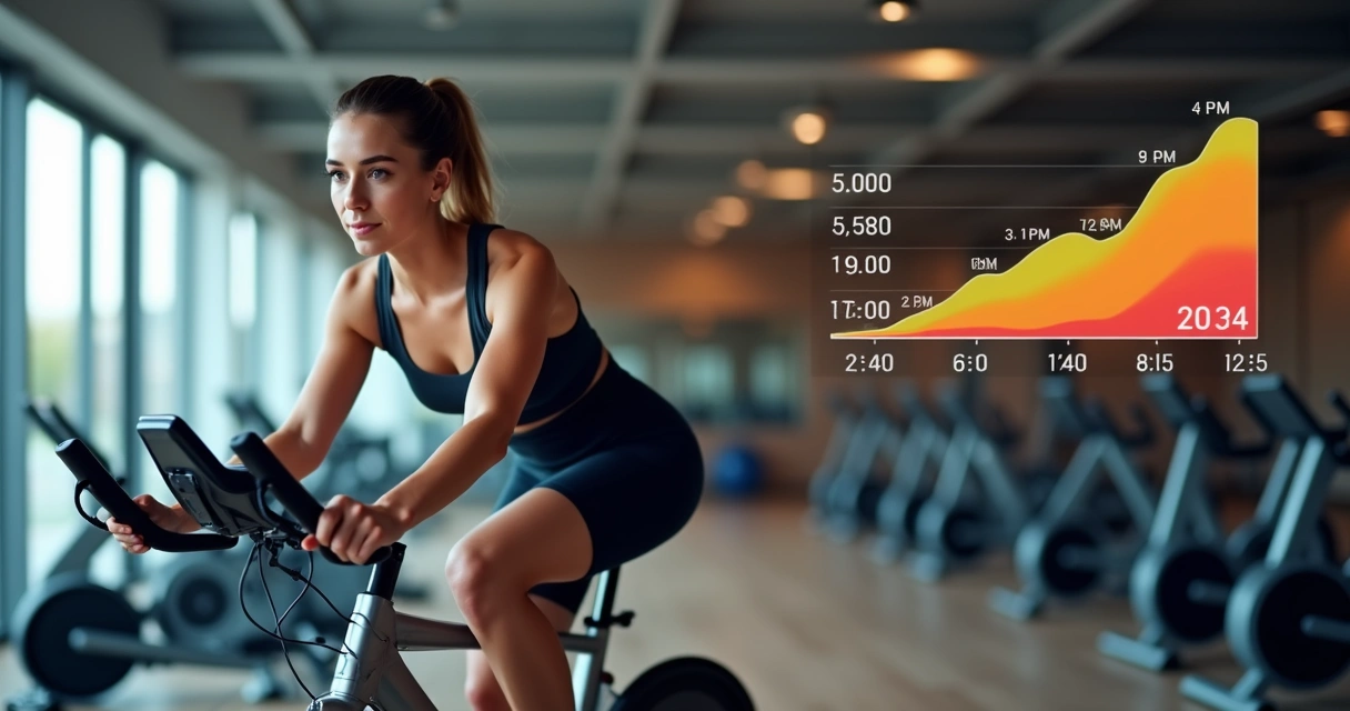 Pessoa pedalando bike ergométrica com gráfico de zonas cardíacas ao lado 